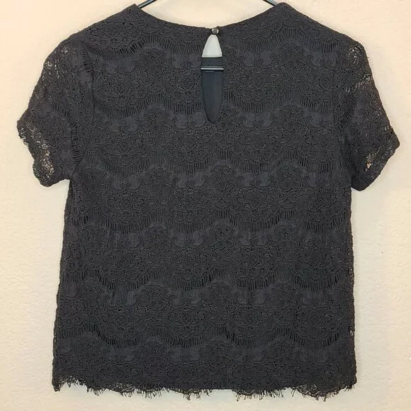 Monteau Womens Blouse Top Medium Black Floral Lace Crochet Short Sleeve Casual - Picture 2 of 12
